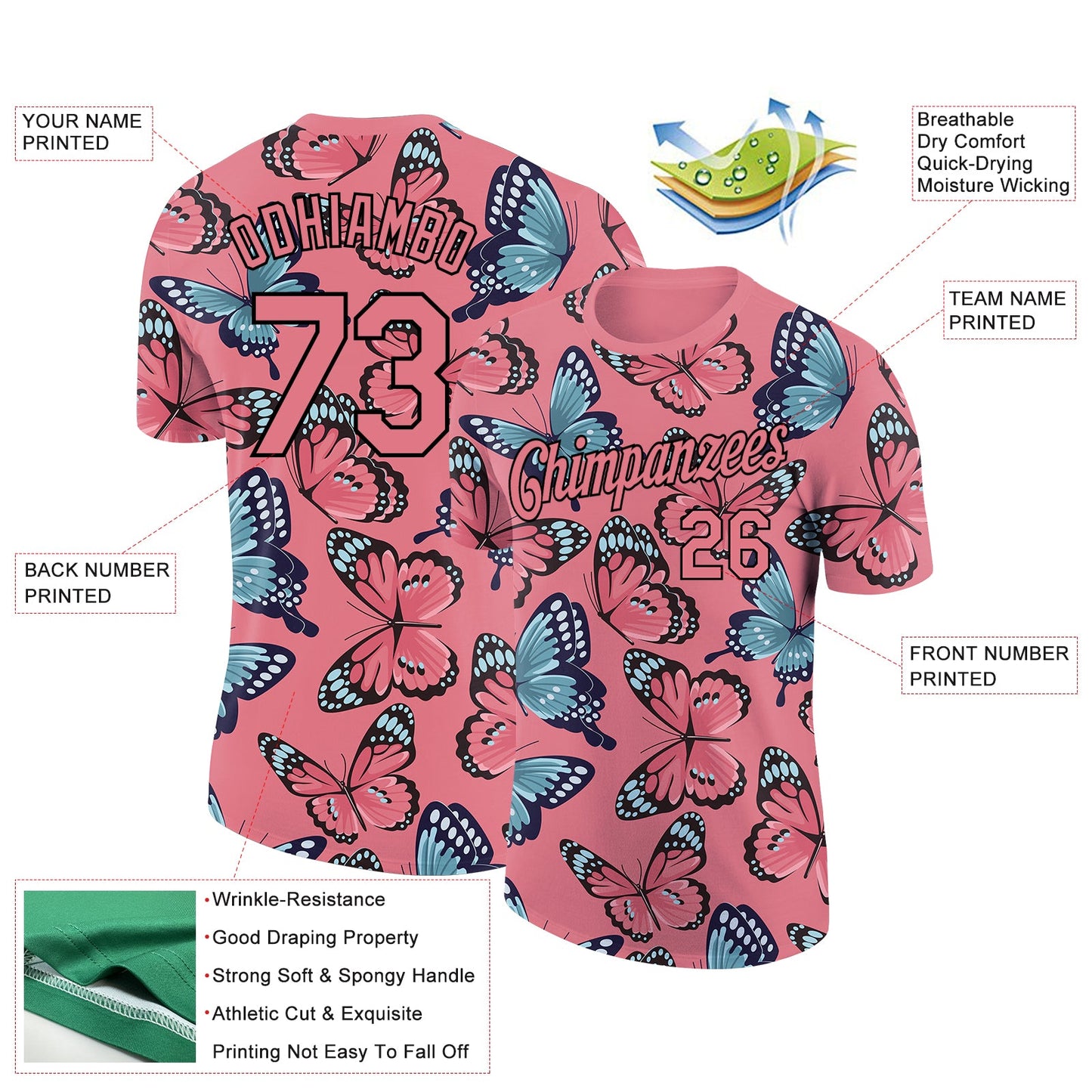 Custom Medium Pink Black 3D Pattern Design Butterfly Performance T-Shirt view 2