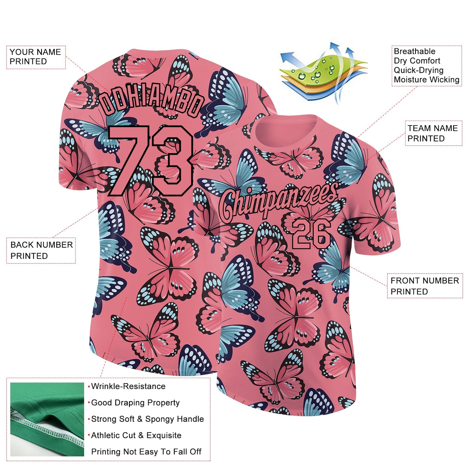 Custom Medium Pink Black 3D Pattern Design Butterfly Performance T-Shirt view 2