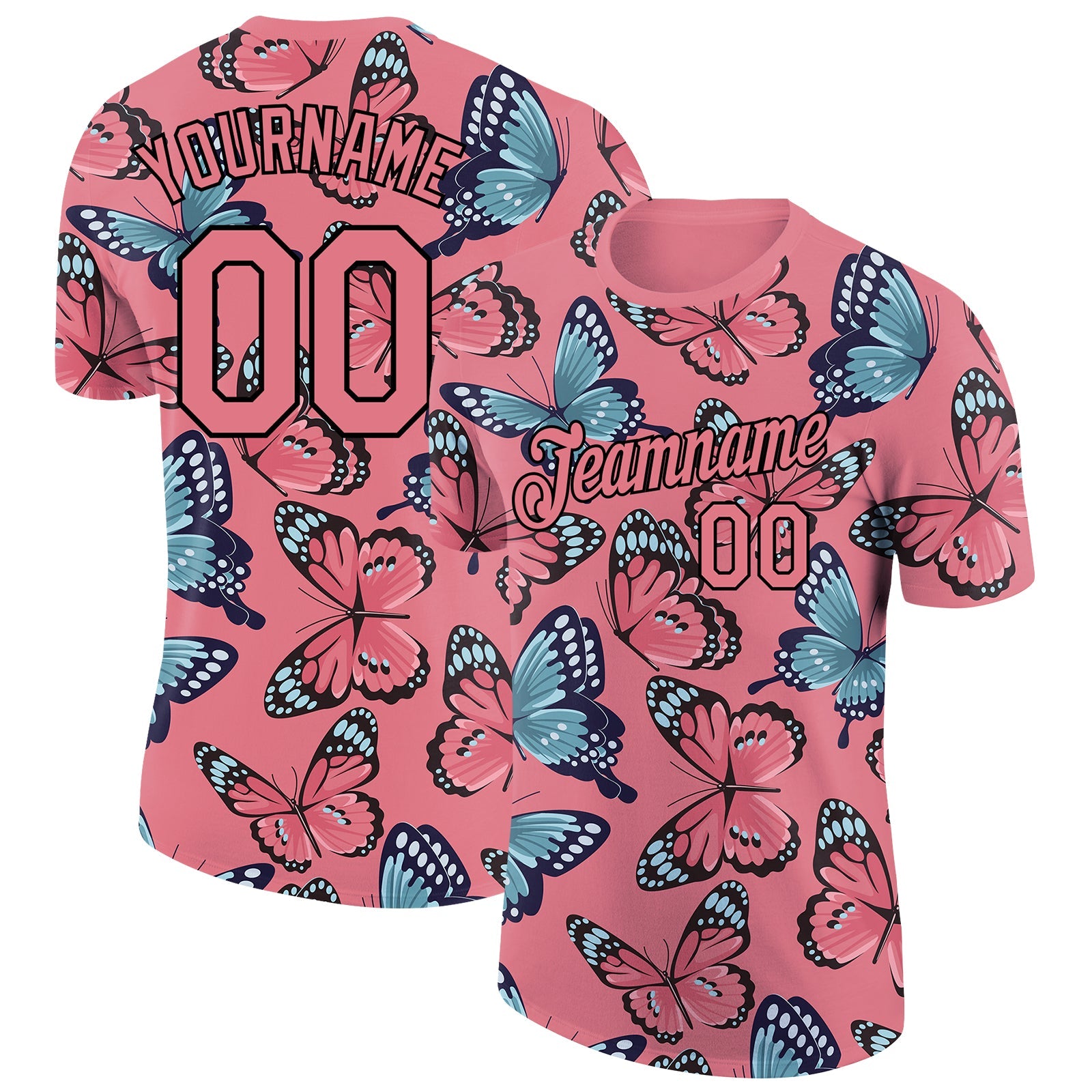 Custom Medium Pink Black 3D Pattern Design Butterfly Performance T-Shirt - Main View