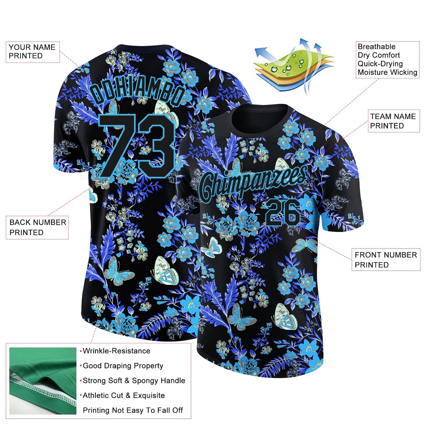 Custom Black Sky Blue 3D Pattern Design Flower With Butterfly Performance T-Shirt view 2