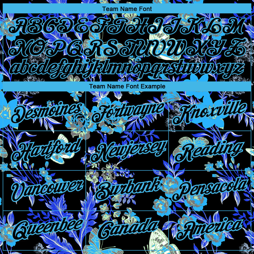 Custom Black Sky Blue 3D Pattern Design Flower With Butterfly Performance T-Shirt view 3