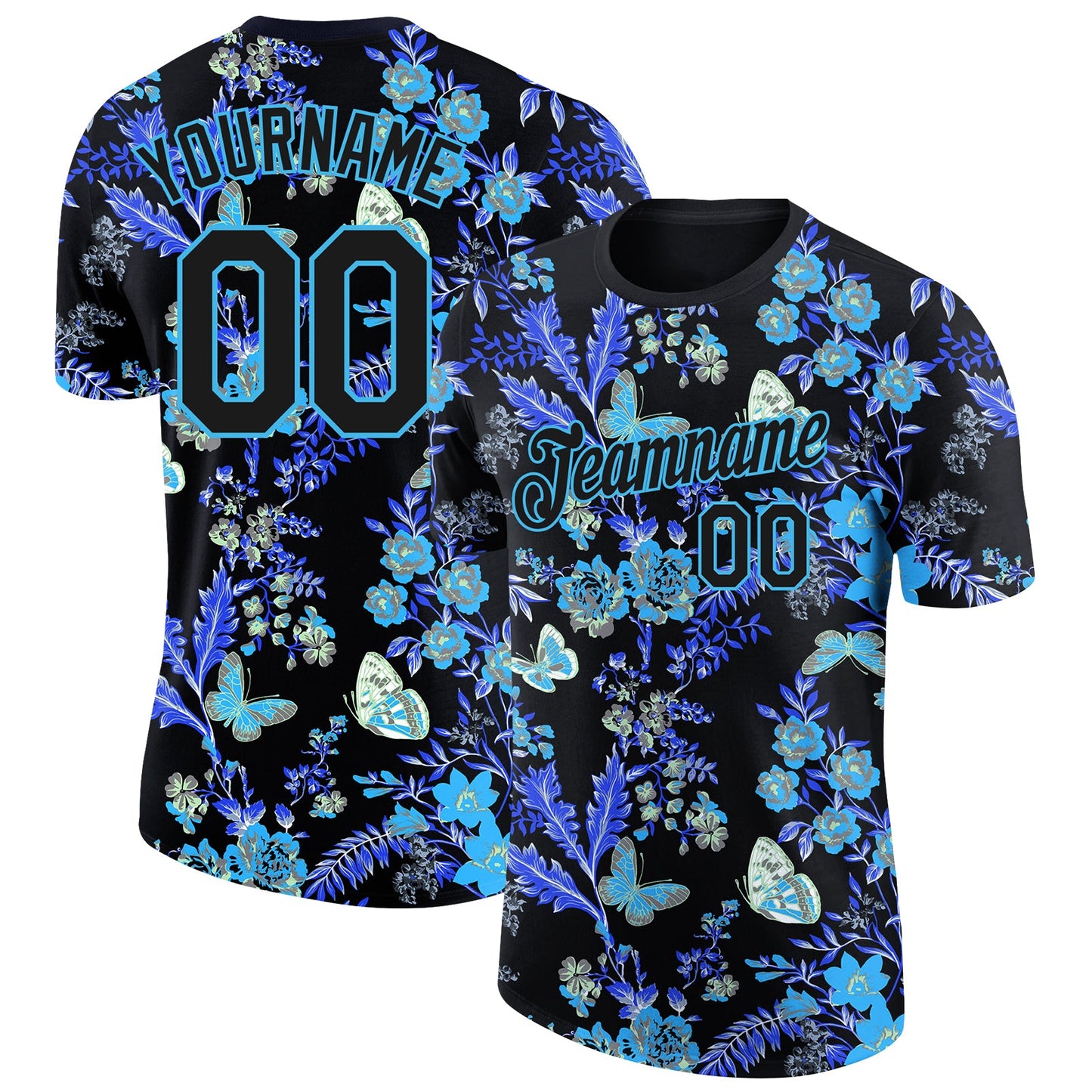 Custom Black Sky Blue 3D Pattern Design Flower With Butterfly Performance T-Shirt - Main View