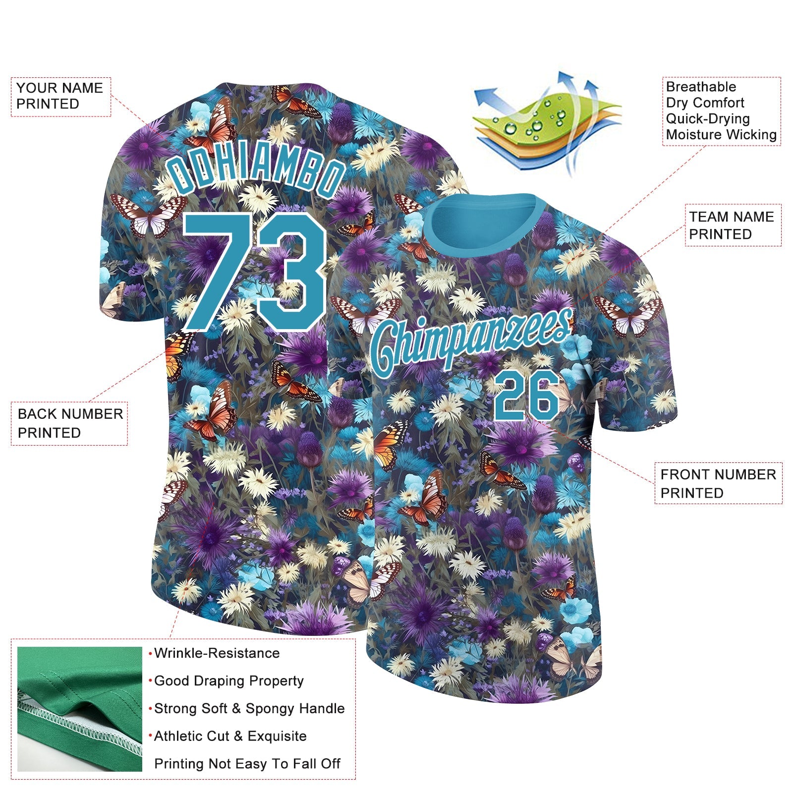 Custom Panther Blue Purple-White 3D Pattern Design Flower With Butterfly Performance T-Shirt view 2