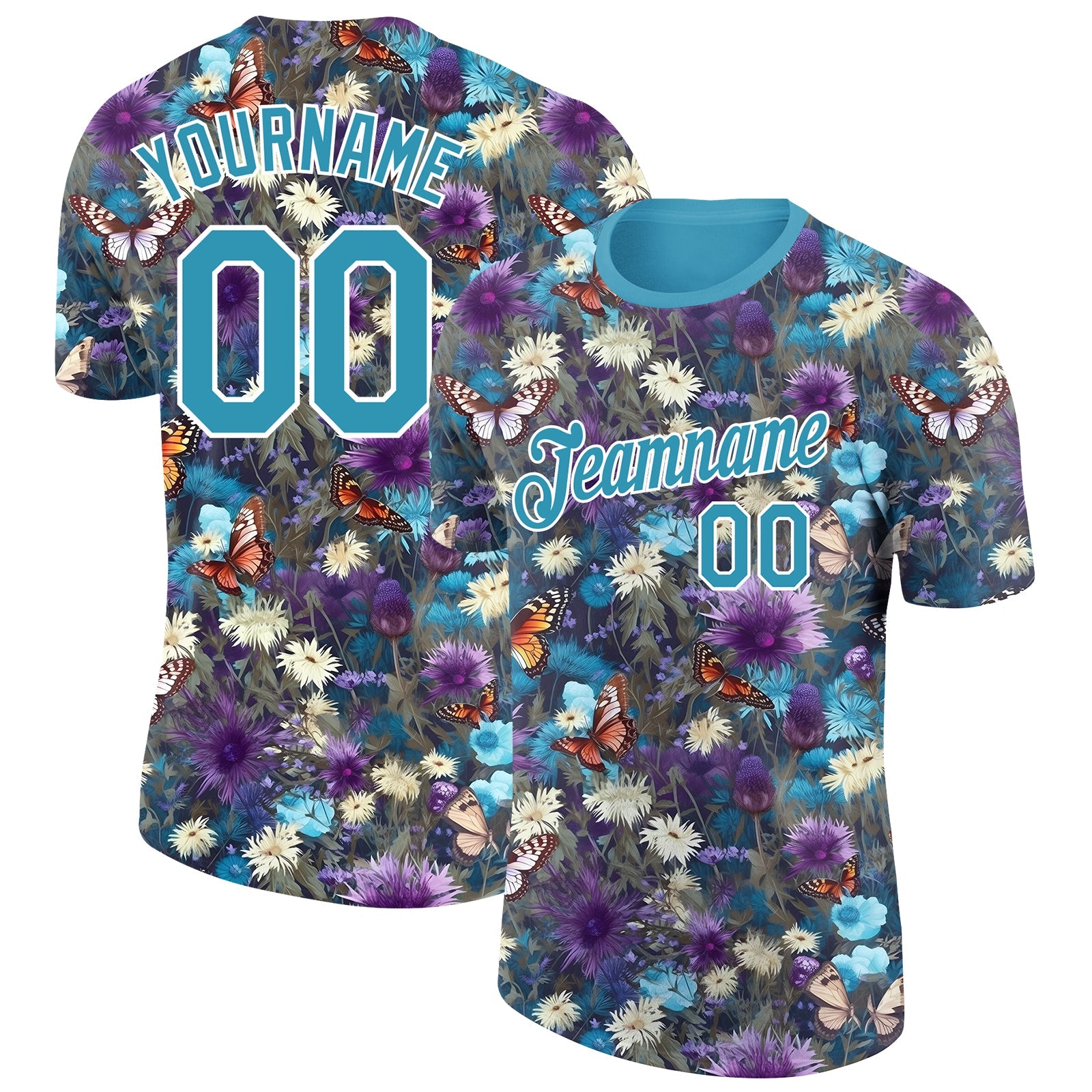 Custom Panther Blue Purple-White 3D Pattern Design Flower With Butterfly Performance T-Shirt - Main View