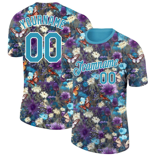 Custom Panther Blue Purple-White 3D Pattern Design Flower With Butterfly Performance T-Shirt - Main View