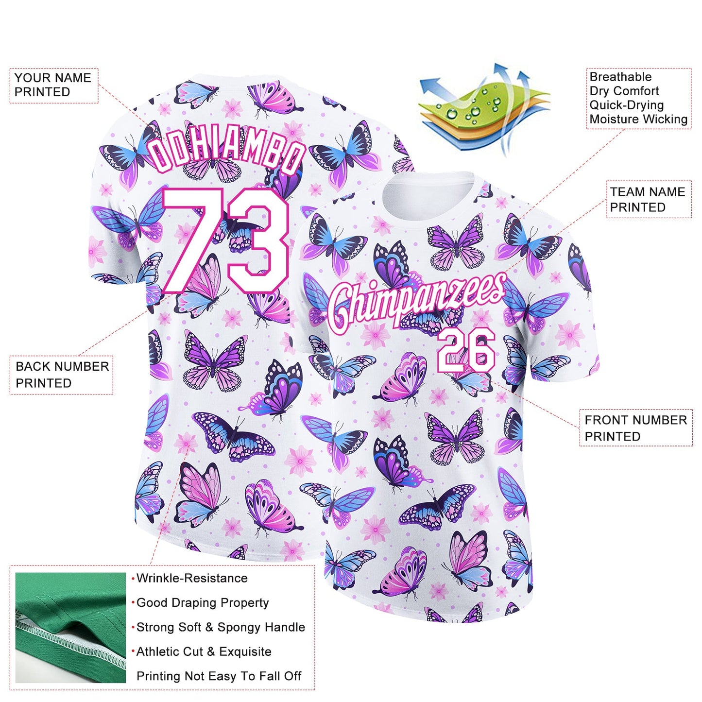 Custom White Pink 3D Pattern Design Butterfly Performance T-Shirt view 2