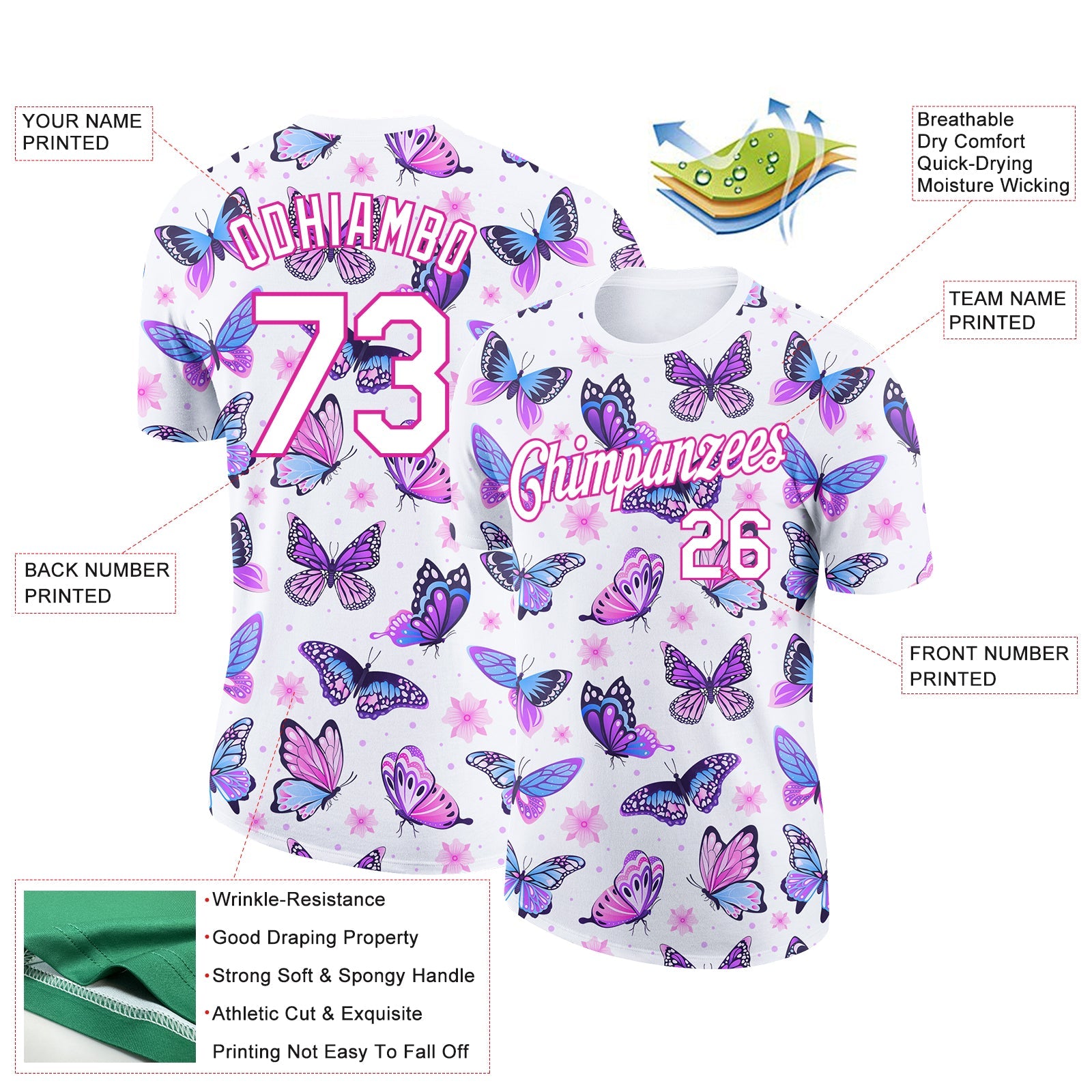 Custom White Pink 3D Pattern Design Butterfly Performance T-Shirt view 2