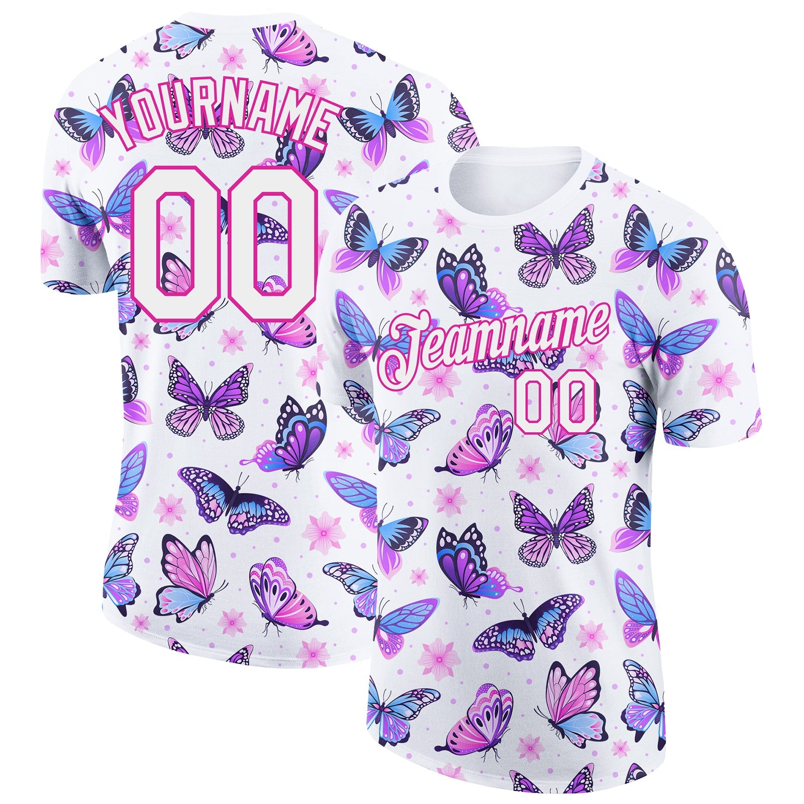 Custom White Pink 3D Pattern Design Butterfly Performance T-Shirt - Main View