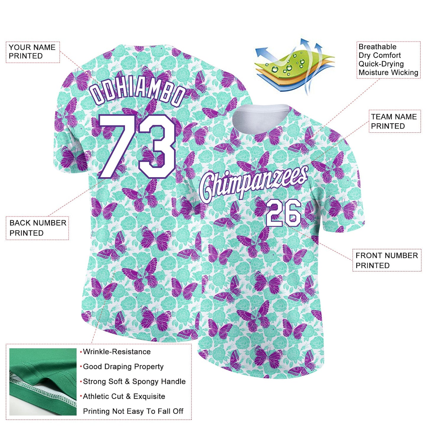 Custom Aqua White-Purple 3D Pattern Design Butterfly Performance T-Shirt view 2
