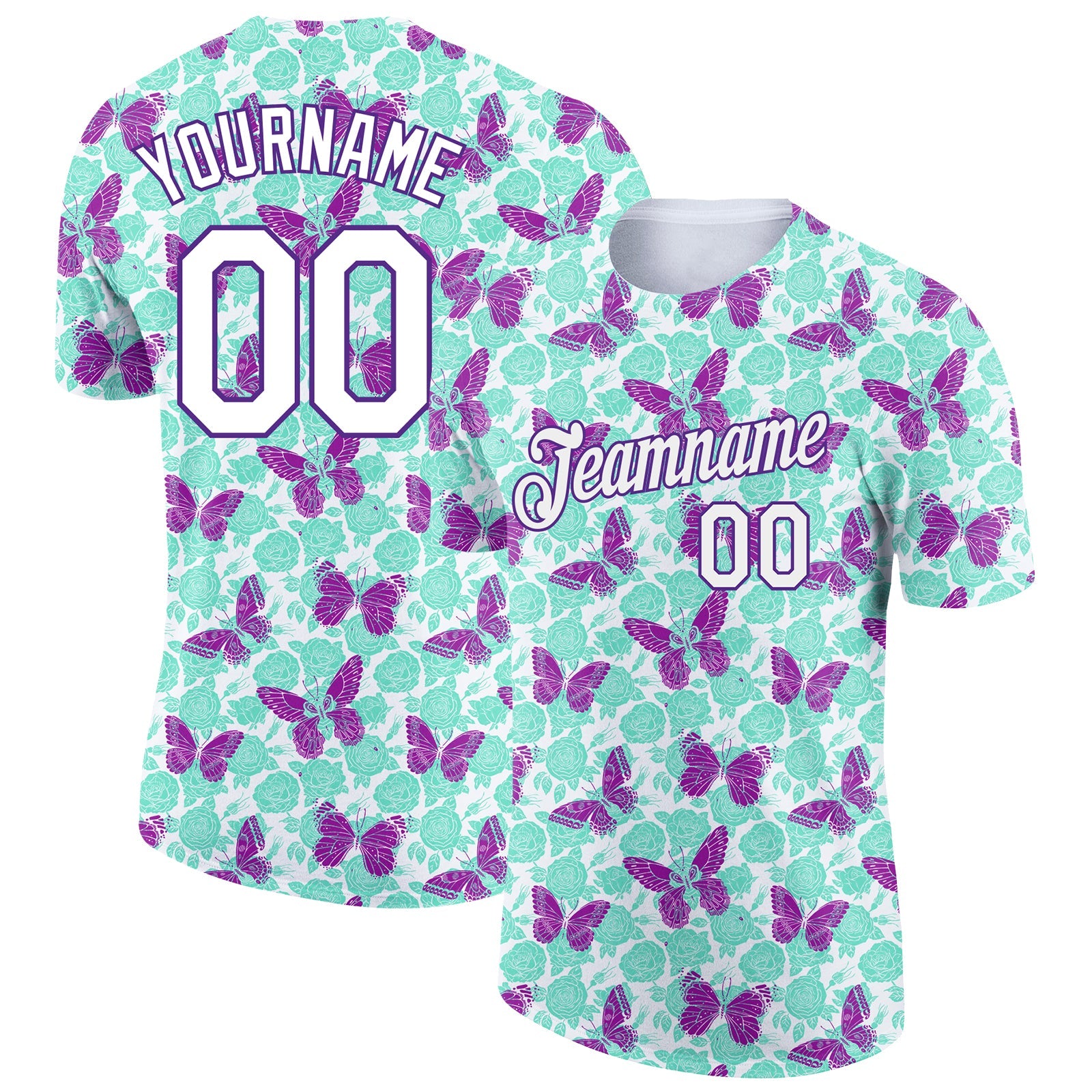 Custom Aqua White-Purple 3D Pattern Design Butterfly Performance T-Shirt - Main View