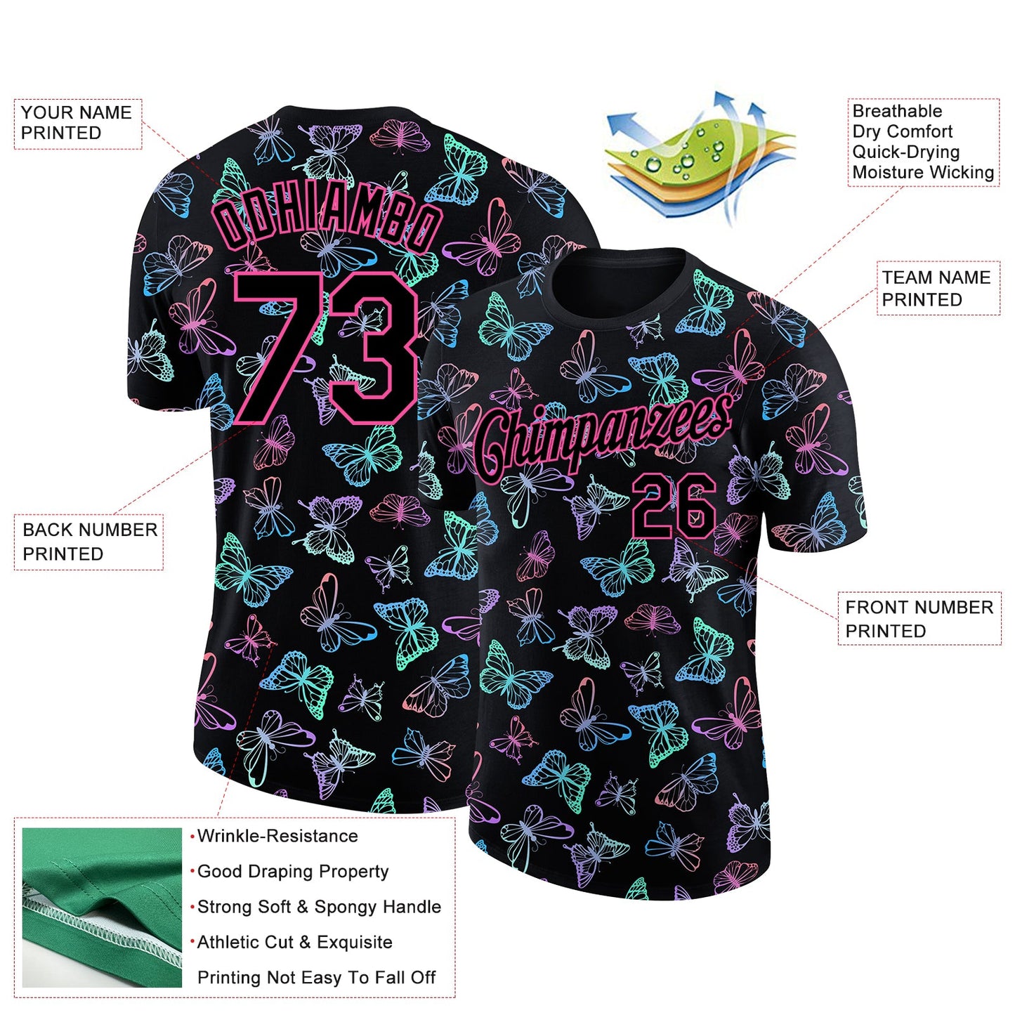 Custom Black Pink 3D Pattern Design Butterfly Performance T-Shirt view 2