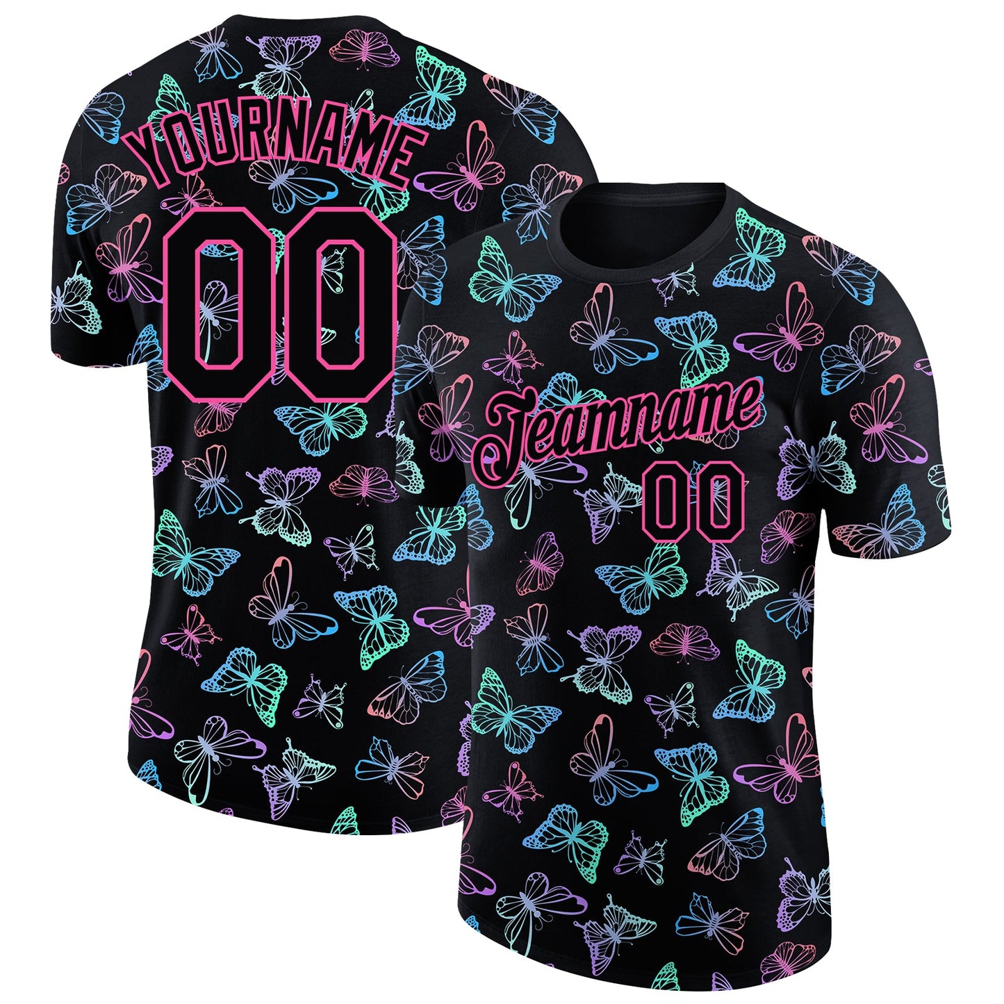 Custom Black Pink 3D Pattern Design Butterfly Performance T-Shirt - Main View