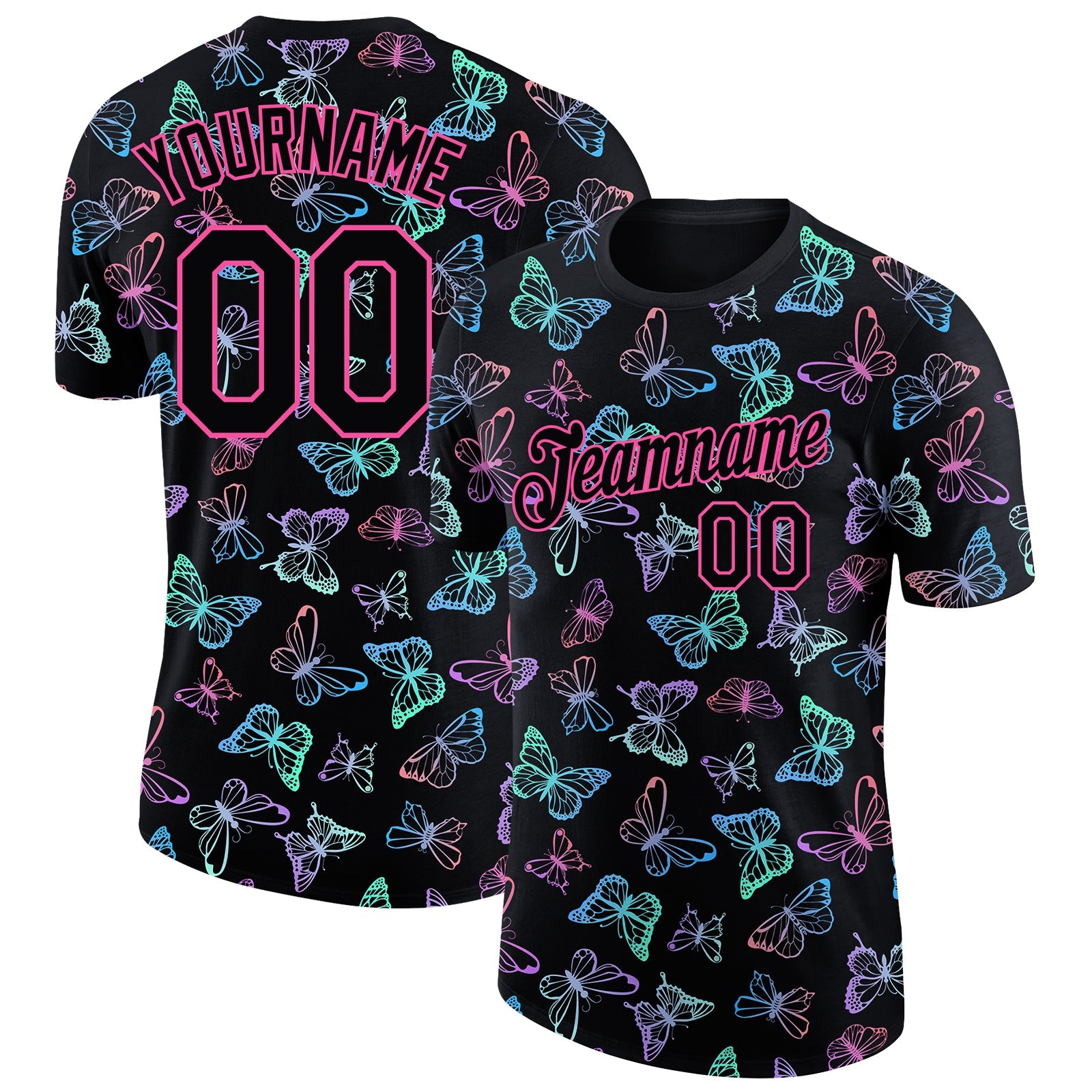 Custom Black Pink 3D Pattern Design Butterfly Performance T-Shirt - Main View