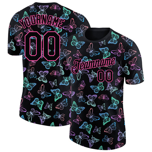Custom Black Pink 3D Pattern Design Butterfly Performance T-Shirt - Main View