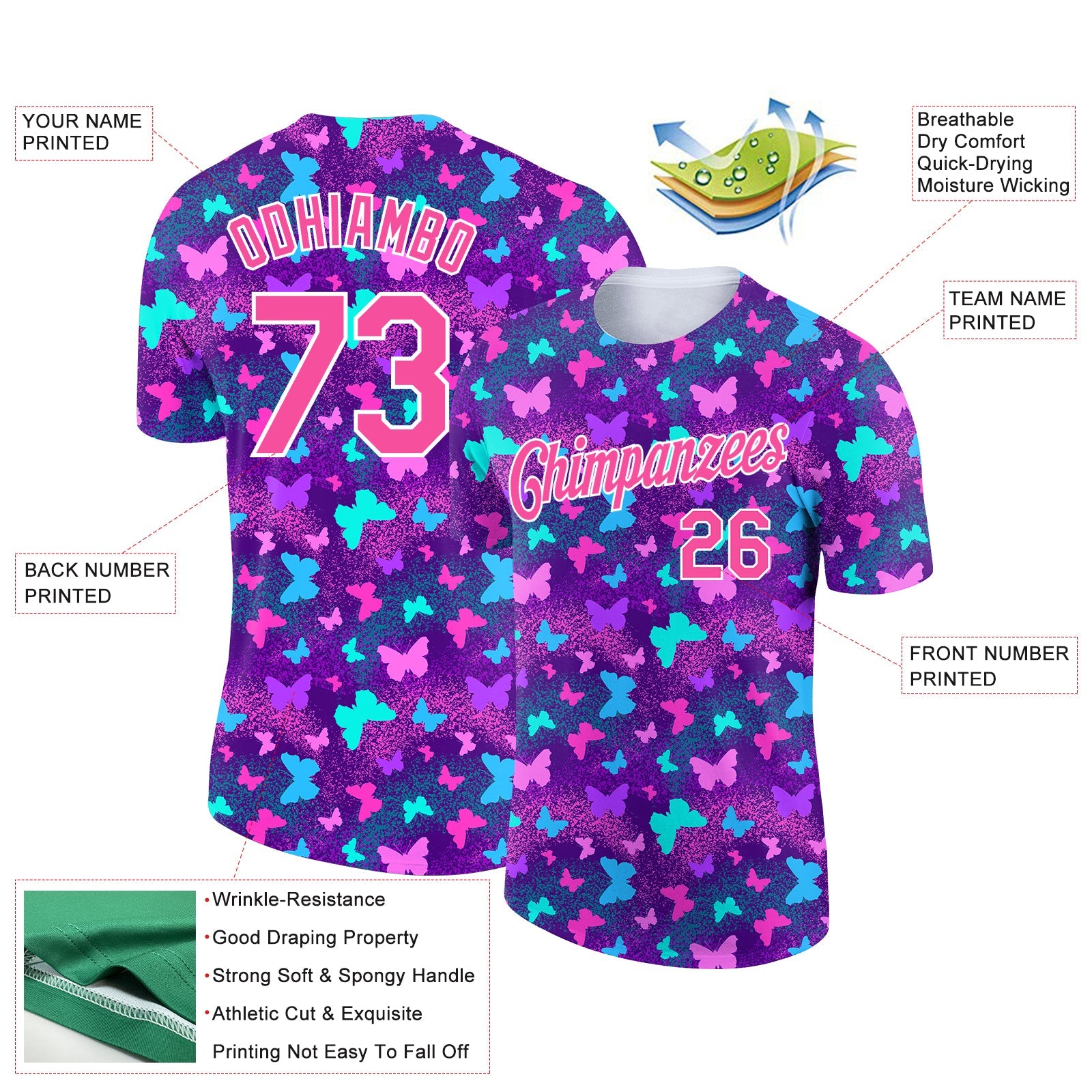 Custom Purple Pink-White 3D Pattern Design Butterfly Performance T-Shirt view 2