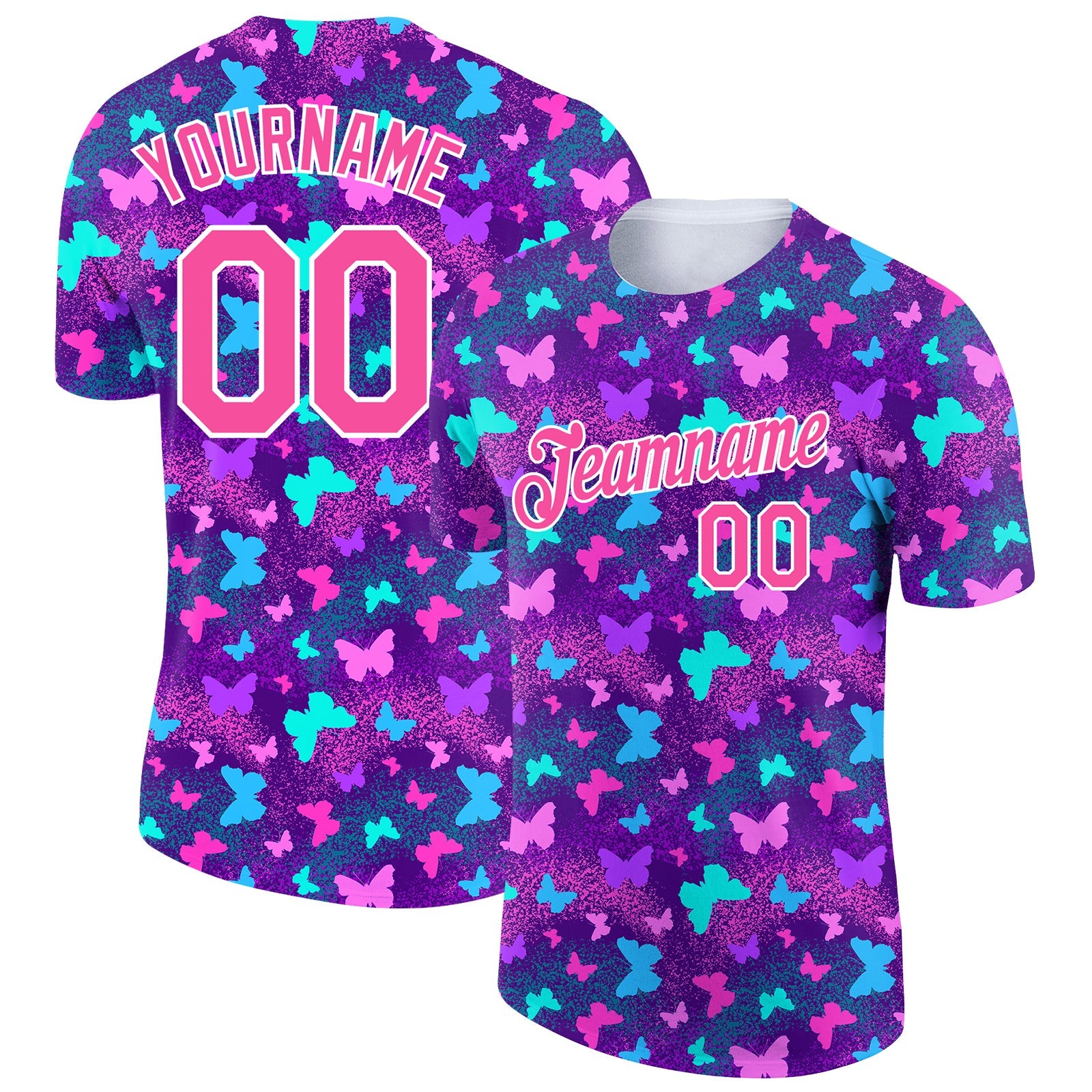 Custom Purple Pink-White 3D Pattern Design Butterfly Performance T-Shirt - Main View