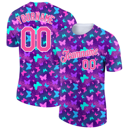 Custom Purple Pink-White 3D Pattern Design Butterfly Performance T-Shirt - Main View