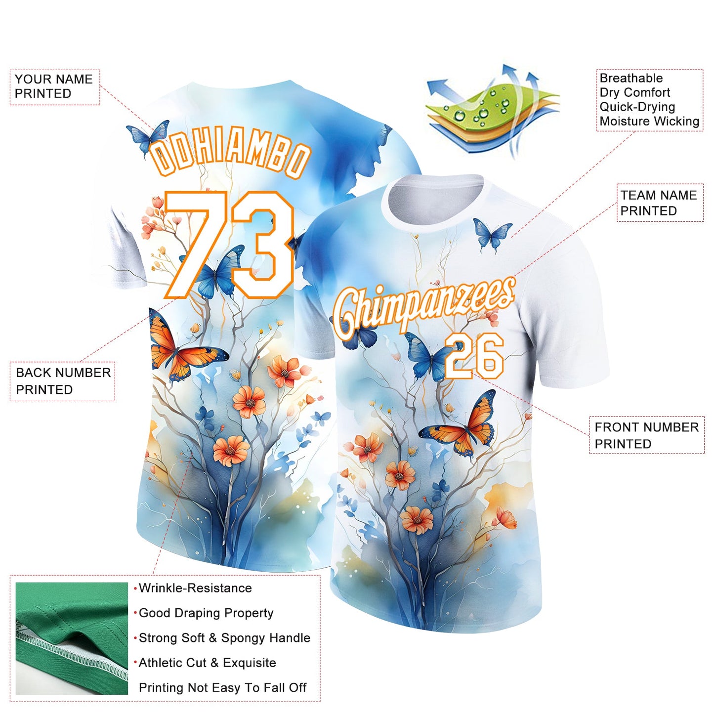 Custom White Bay Orange 3D Pattern Design Flower With Butterfly Performance T-Shirt view 2