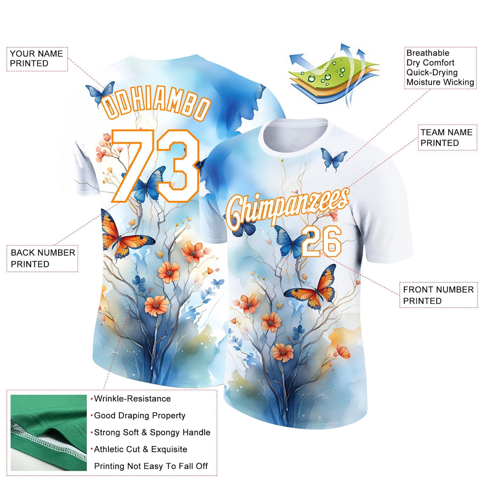 Custom White Bay Orange 3D Pattern Design Flower With Butterfly Performance T-Shirt view 2