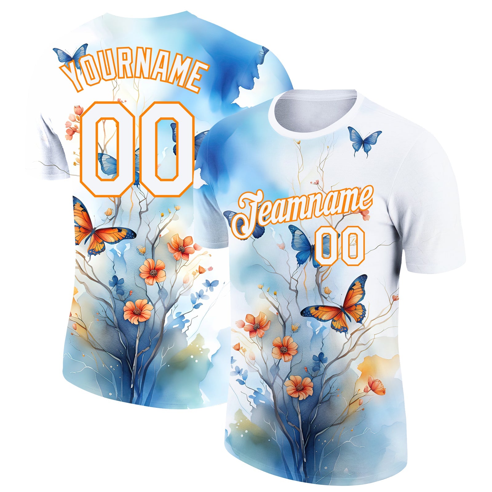 Custom White Bay Orange 3D Pattern Design Flower With Butterfly Performance T-Shirt - Main View
