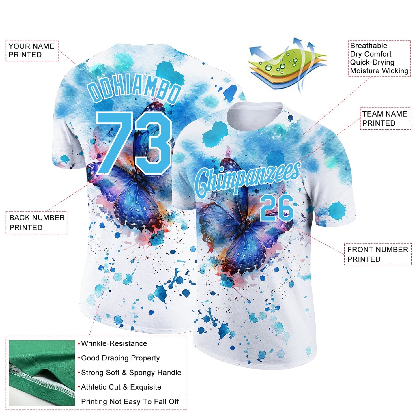 Custom White Sky Blue 3D Pattern Design Butterfly And Watercolor Splash Performance T-Shirt view 2