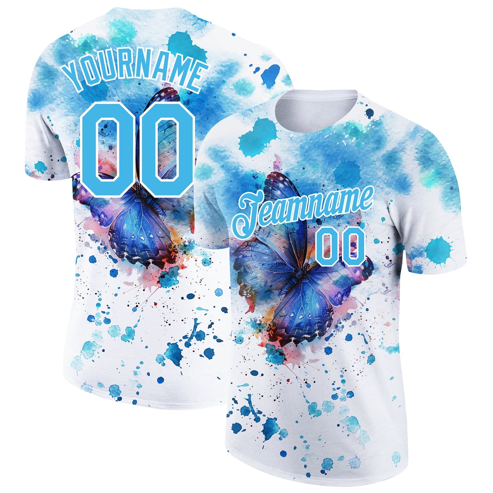 Custom White Sky Blue 3D Pattern Design Butterfly And Watercolor Splash Performance T-Shirt - Main View