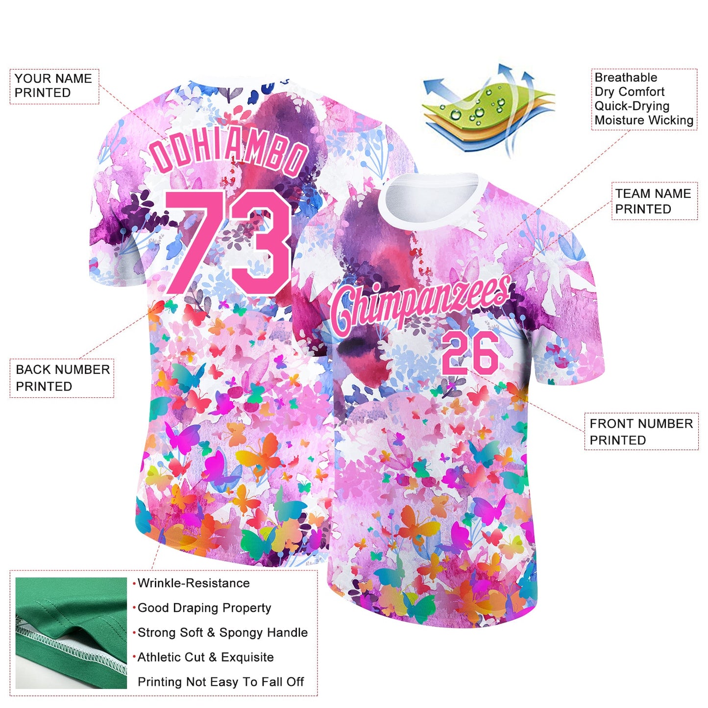 Custom Pink White 3D Pattern Design Watercolor Butterfly Performance T-Shirt view 2