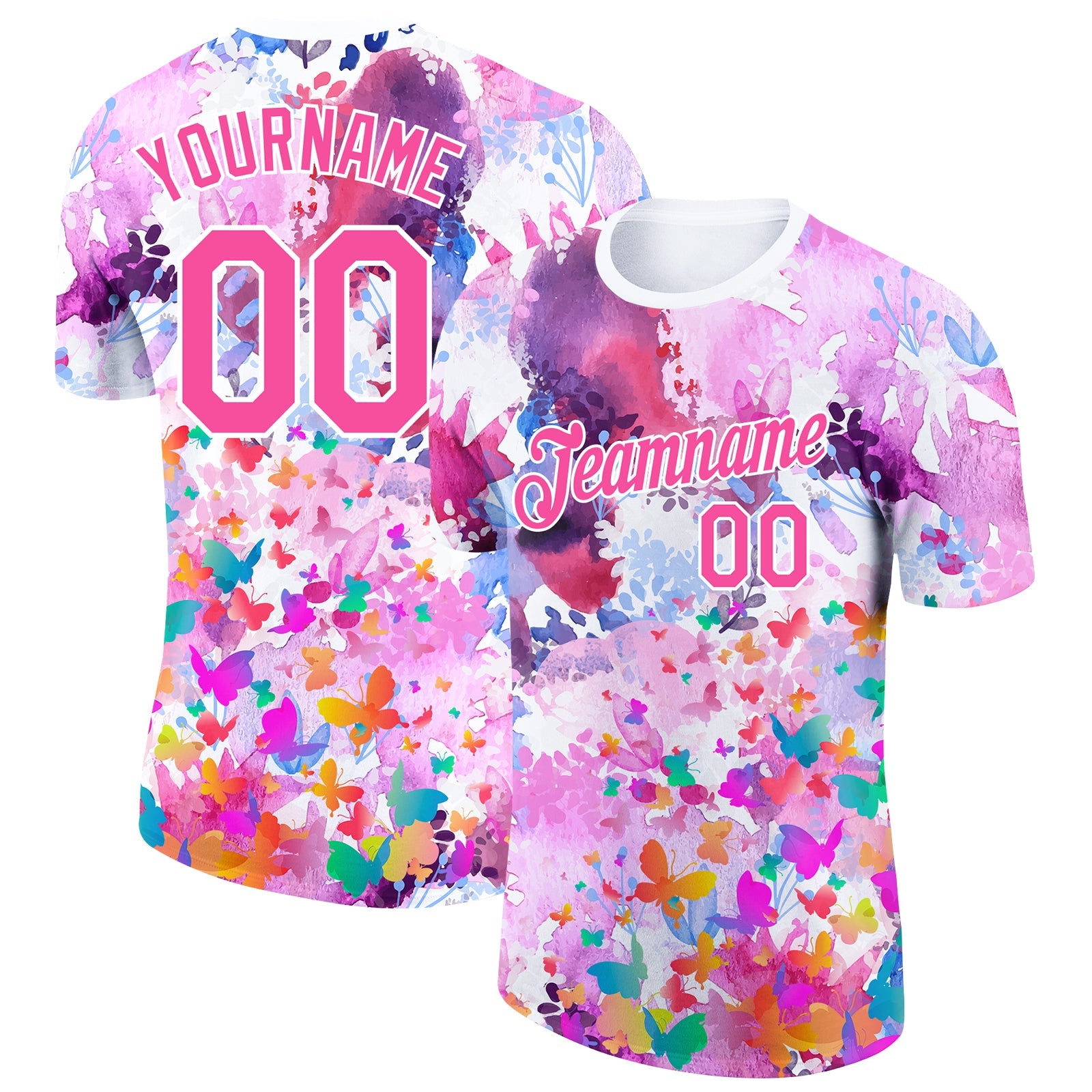 Custom Pink White 3D Pattern Design Watercolor Butterfly Performance T-Shirt - Main View