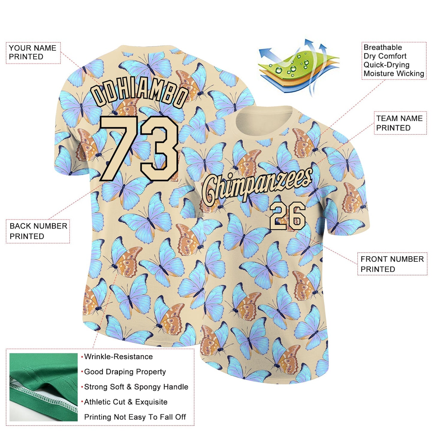 Custom City Cream Black 3D Pattern Design Butterfly Performance T-Shirt view 2
