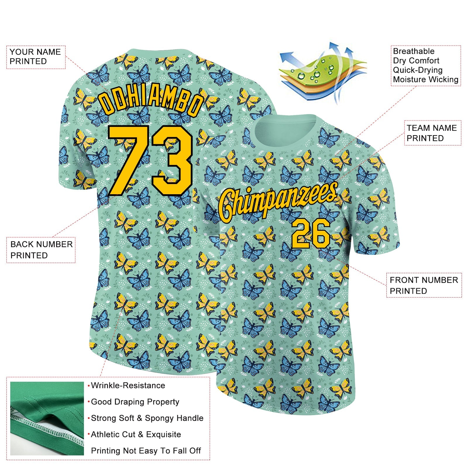 Custom Ice Blue Gold-Black 3D Pattern Design Butterfly Performance T-Shirt view 2