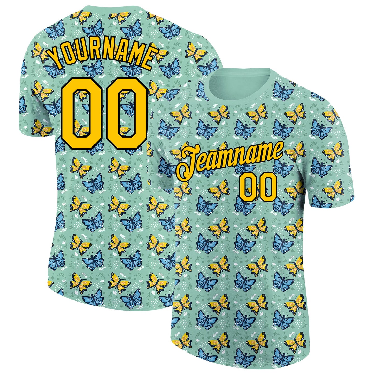 Custom Ice Blue Gold-Black 3D Pattern Design Butterfly Performance T-Shirt - Main View