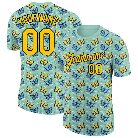 Custom Ice Blue Gold-Black 3D Pattern Design Butterfly Performance T-Shirt - Main View