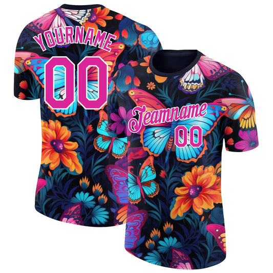 Custom Black Deep Pink-White 3D Pattern Design Butterfly Performance T-Shirt - Main View