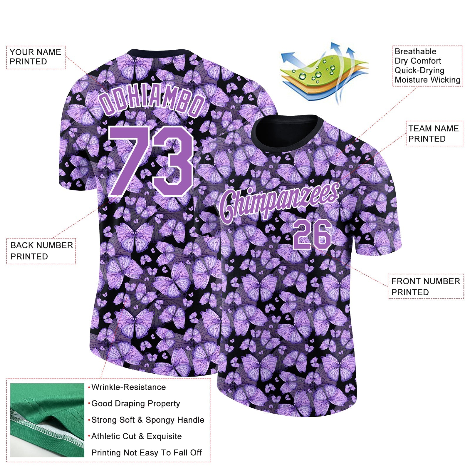 Custom Medium Purple Black-White 3D Pattern Design Butterfly Performance T-Shirt view 2