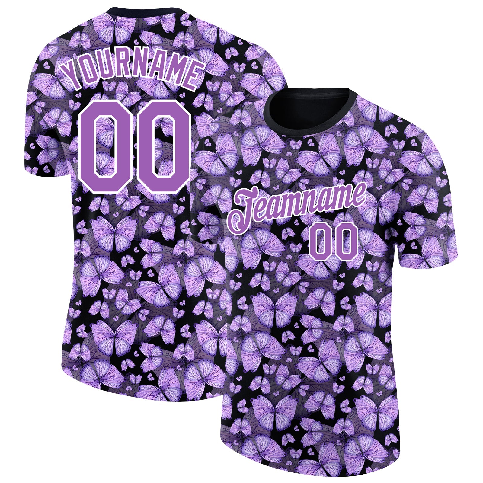 Custom Medium Purple Black-White 3D Pattern Design Butterfly Performance T-Shirt - Main View