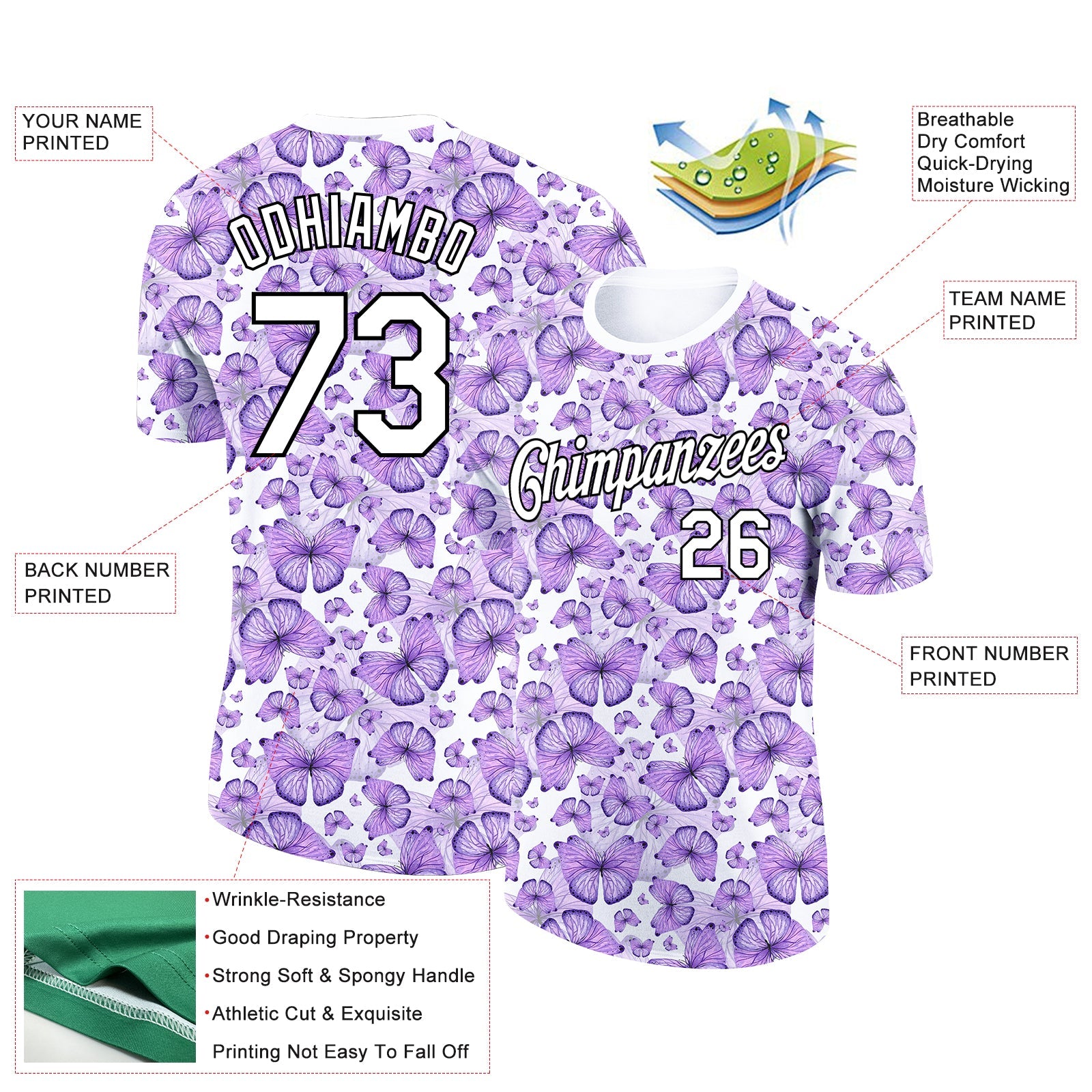 Custom Purple White-Black 3D Pattern Design Butterfly Performance T-Shirt view 2