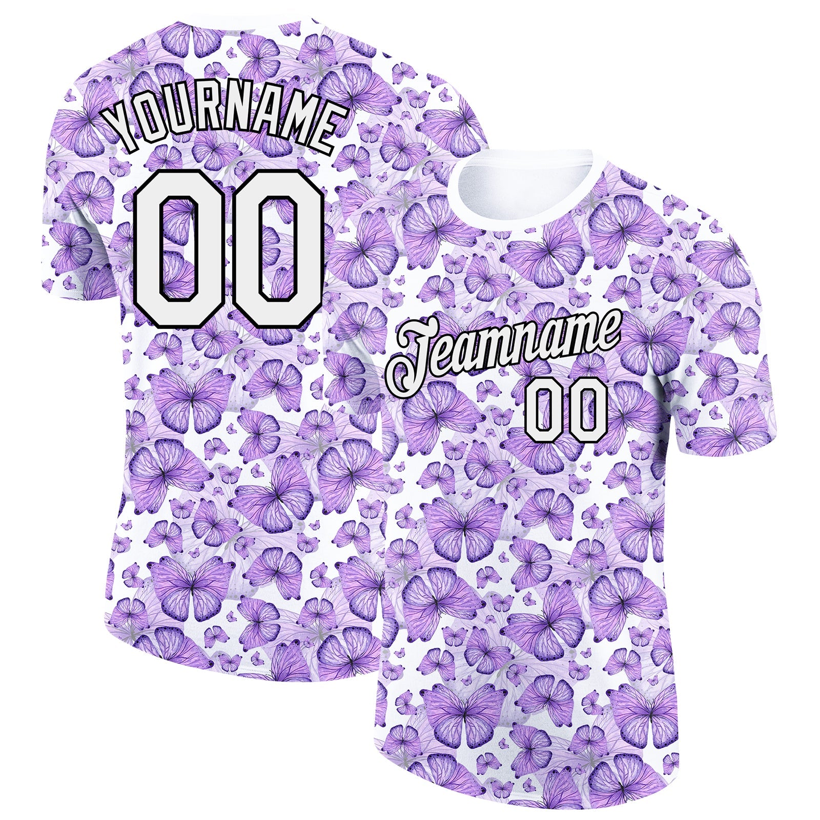 Custom Purple White-Black 3D Pattern Design Butterfly Performance T-Shirt - Main View