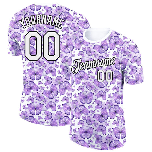 Custom Purple White-Black 3D Pattern Design Butterfly Performance T-Shirt - Main View