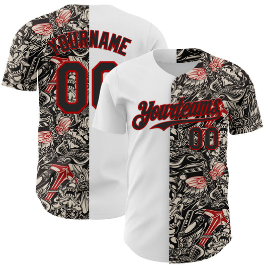 Custom White Black-Red 3D Pattern Design Vintage Tattoos Authentic Baseball Jersey - Main View