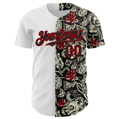 Custom White Black-Red 3D Pattern Design Vintage Tattoos Authentic Baseball Jersey view 2