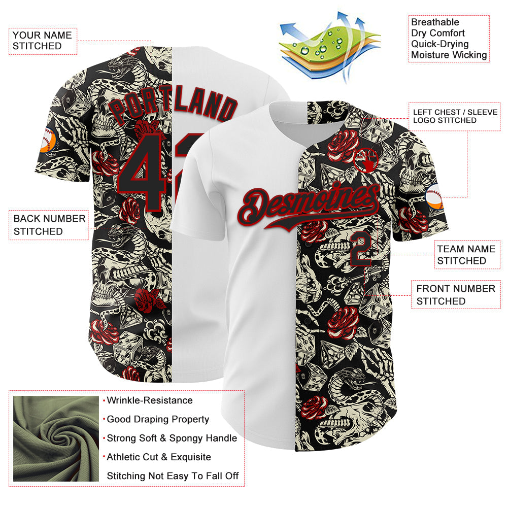 Custom White Black-Red 3D Pattern Design Vintage Tattoos Authentic Baseball Jersey view 3