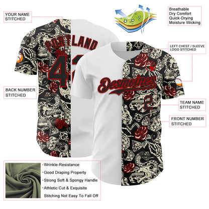 Custom White Black-Red 3D Pattern Design Vintage Tattoos Authentic Baseball Jersey view 3