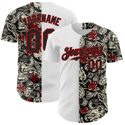 Custom White Black-Red 3D Pattern Design Vintage Tattoos Authentic Baseball Jersey - Main View