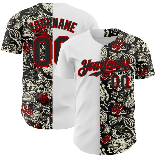 Custom White Black-Red 3D Pattern Design Vintage Tattoos Authentic Baseball Jersey - Main View