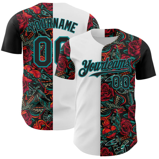 Custom White Black-Teal 3D Pattern Design Vintage Tattoos Authentic Baseball Jersey - Main View