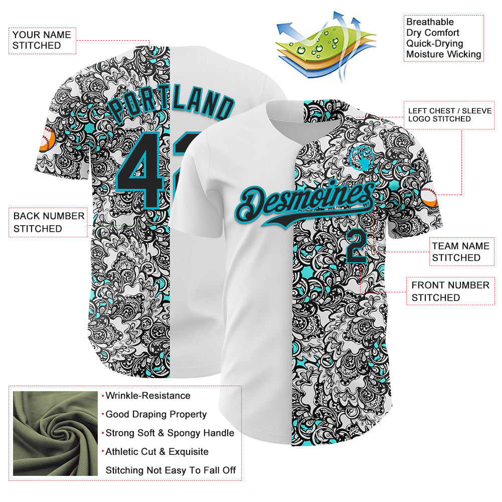 Custom White Black-Lakes Blue 3D Pattern Design Vintage Tattoos Authentic Baseball Jersey view 3