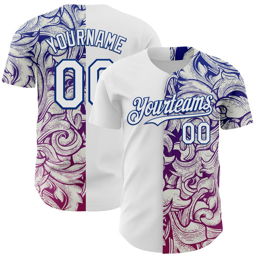 Custom White Royal 3D Pattern Design Vintage Tattoos Authentic Baseball Jersey - Main View