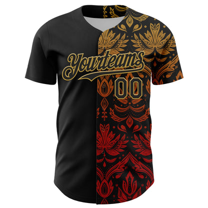 Custom Black Old Gold 3D Pattern Design Vintage Tattoos Authentic Baseball Jersey view 2