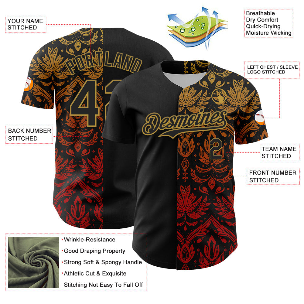 Custom Black Old Gold 3D Pattern Design Vintage Tattoos Authentic Baseball Jersey view 3