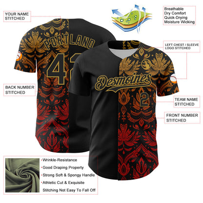 Custom Black Old Gold 3D Pattern Design Vintage Tattoos Authentic Baseball Jersey view 3